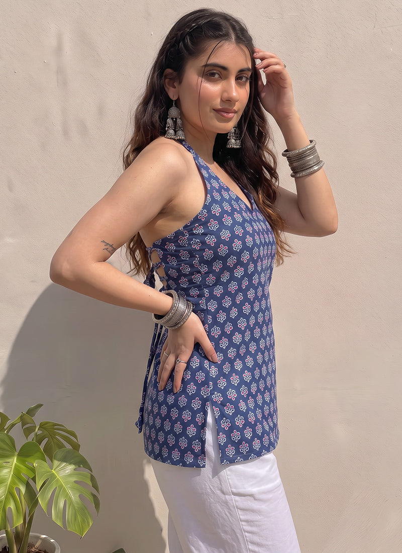 Blue Halter Neck Cotton Printed Outwear Kurti