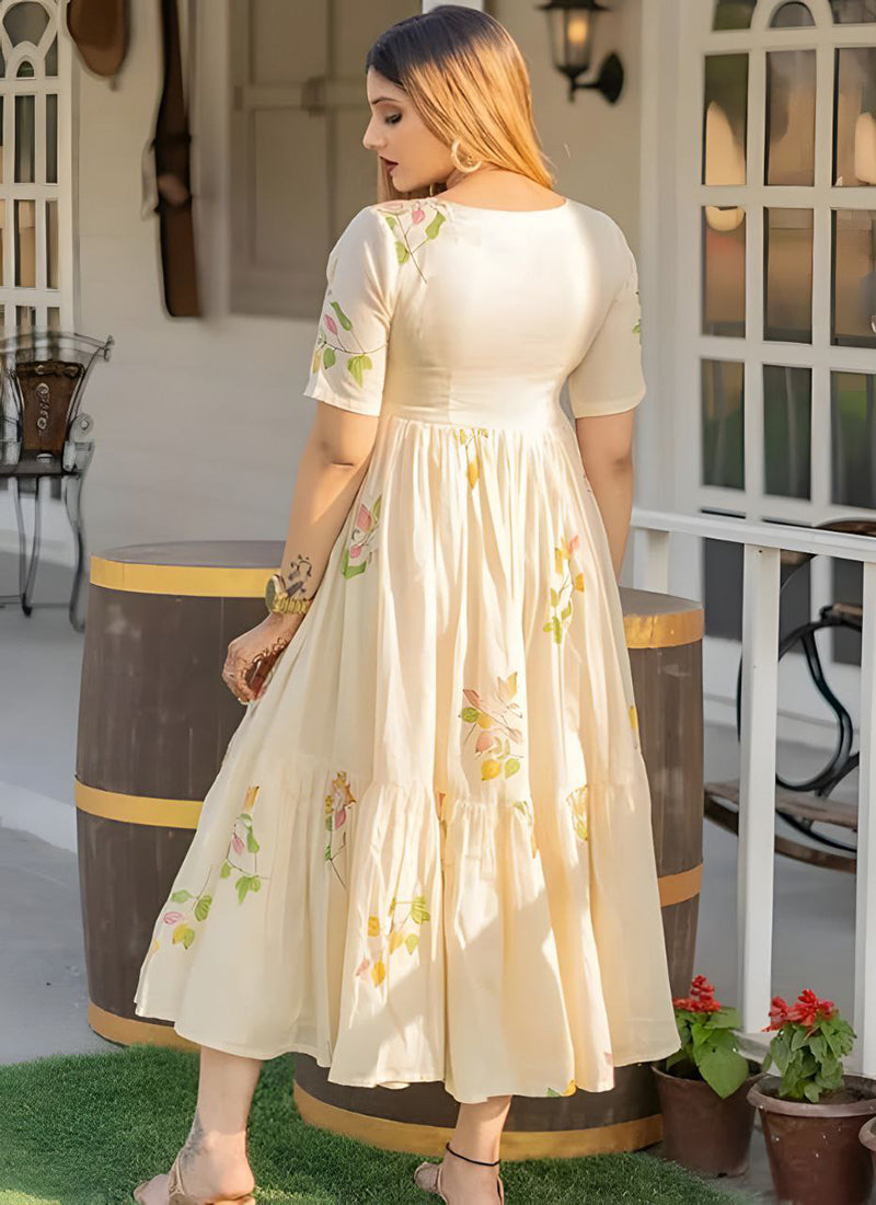 Off White Floral Printed Cotton Outwear Midi Dress