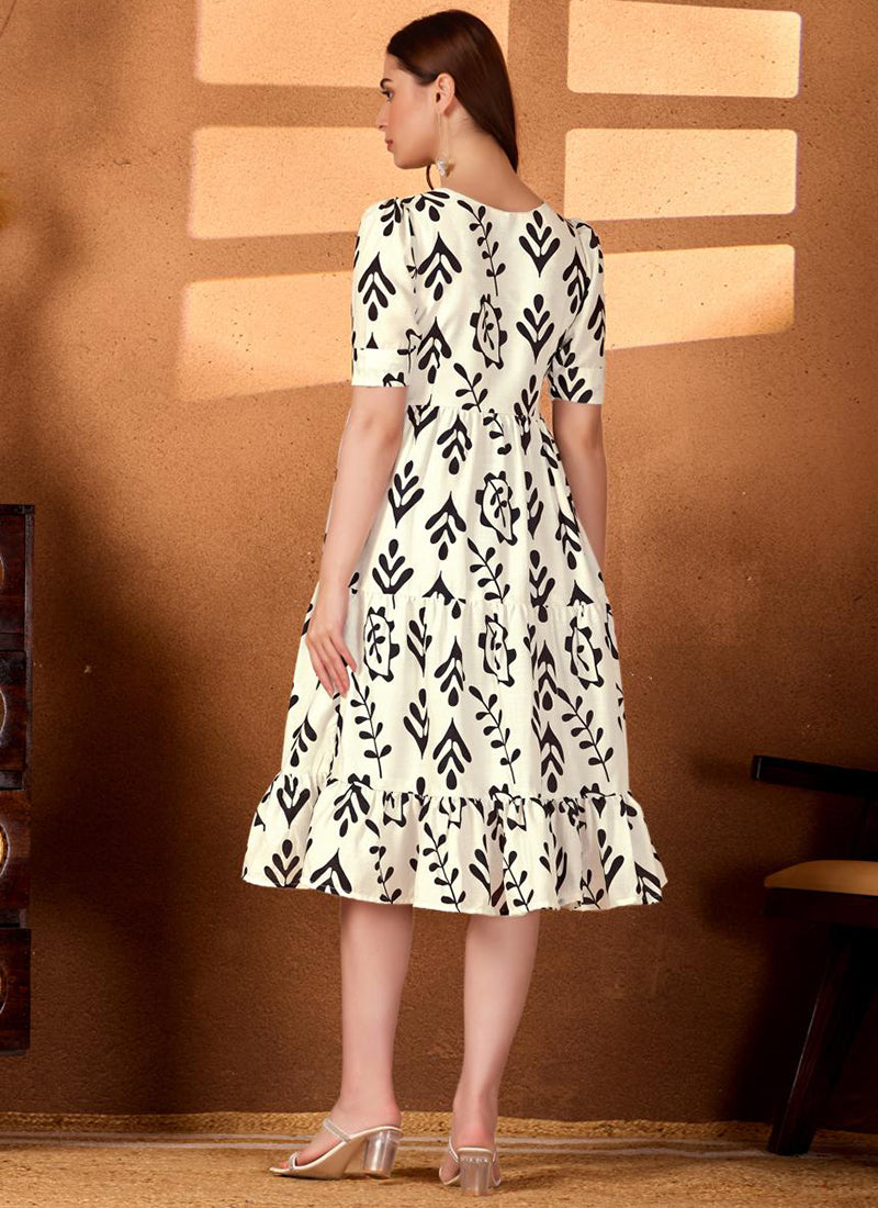Black And White Rayon Printed Midi Dress