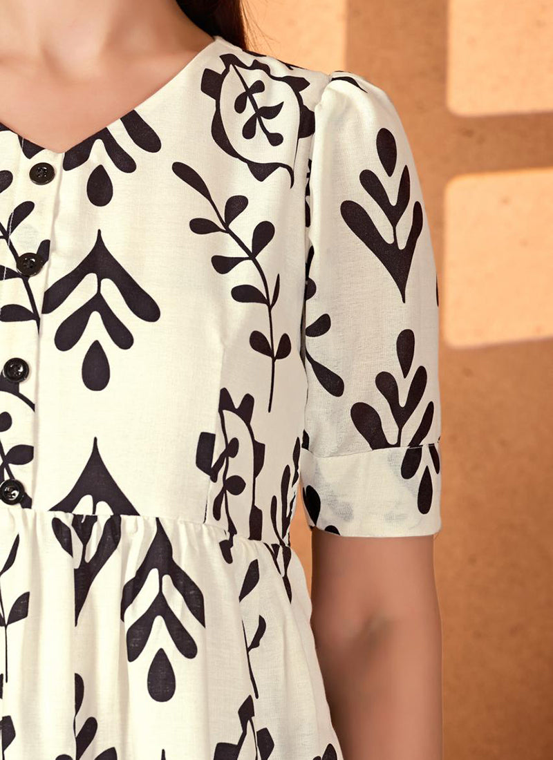 Black And White Rayon Printed Midi Dress