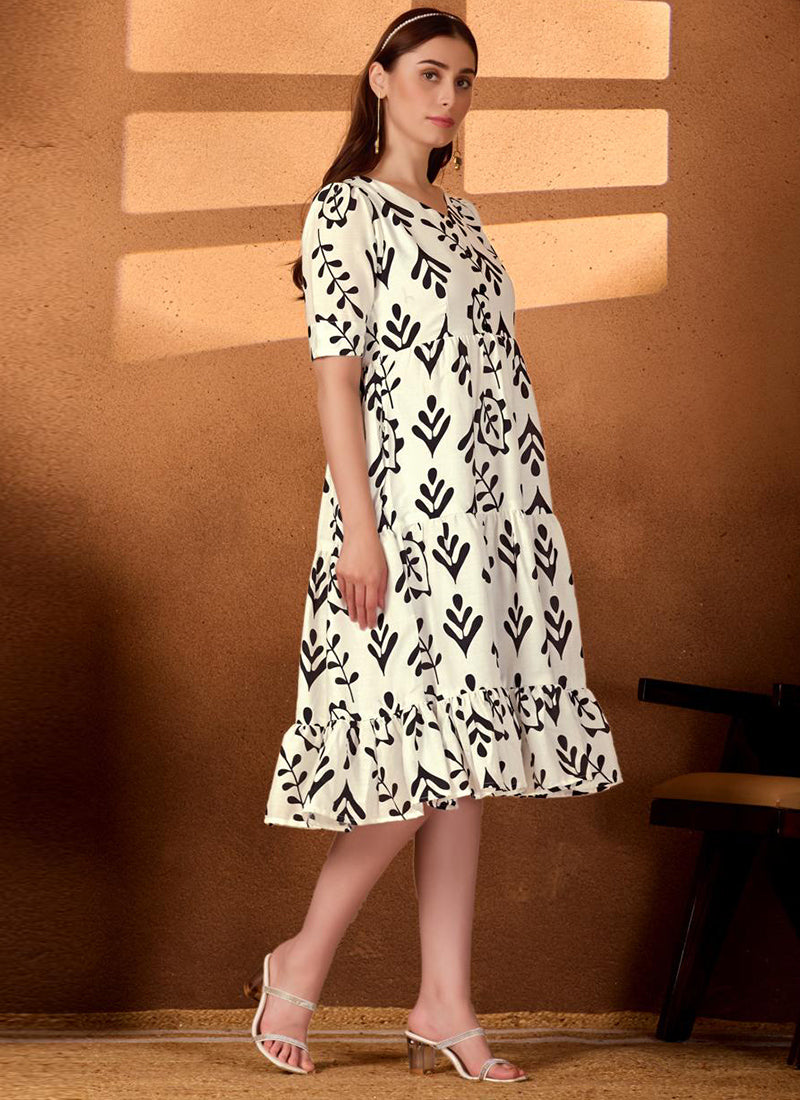 Black And White Rayon Printed Midi Dress