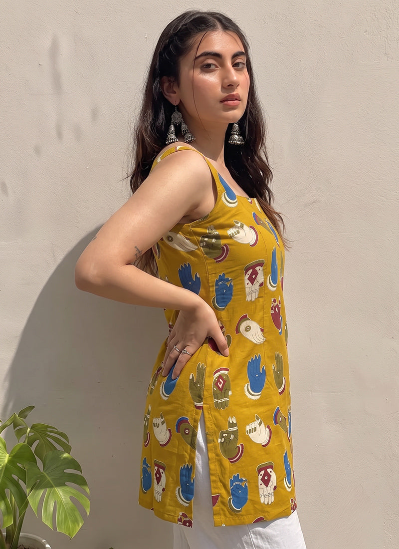 Mustard Cotton Printed Straight-Cut Kurti