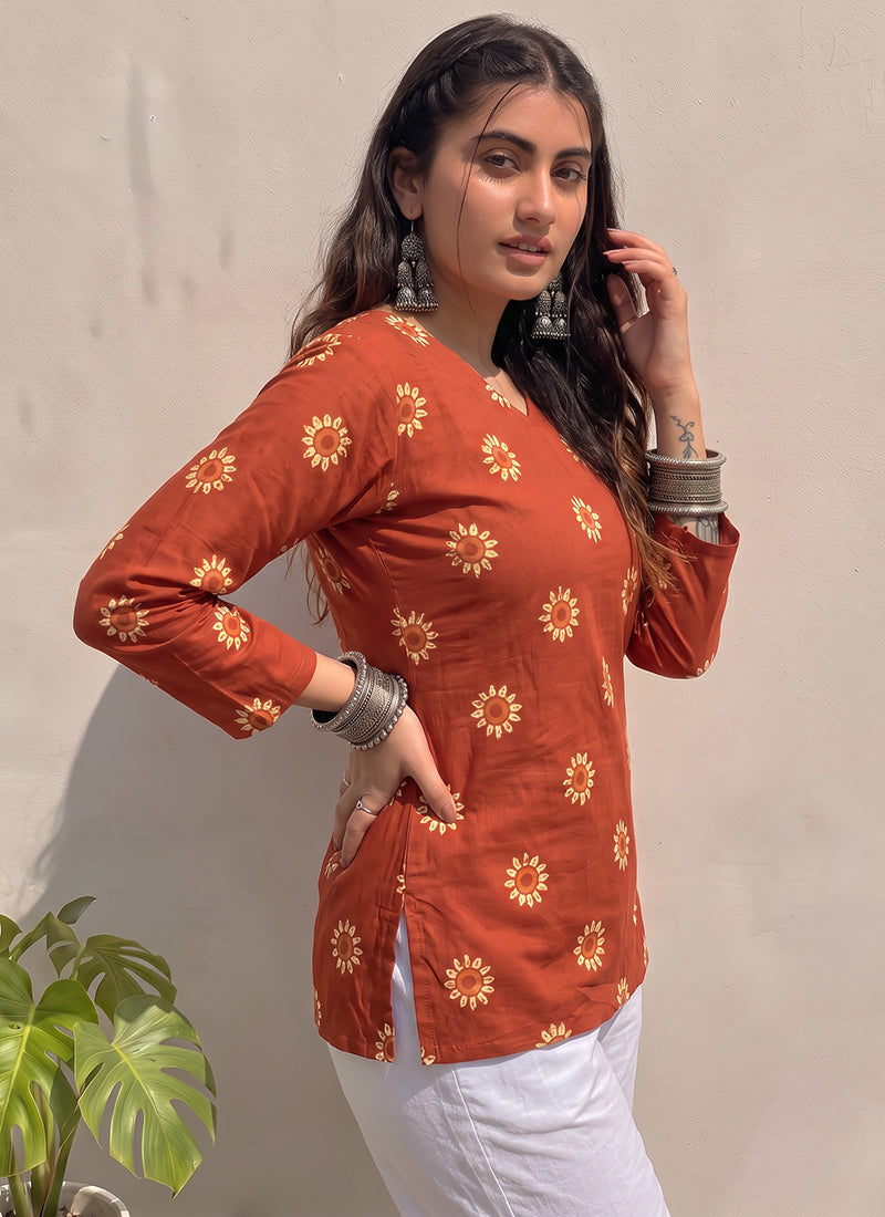 Orange Flower Printed Cotton V Neck Kurti