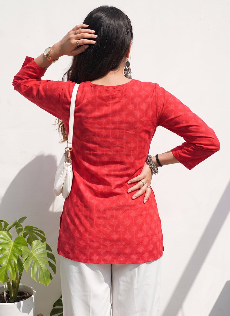 Red Cotton Printed V Neck Officewear Kurti