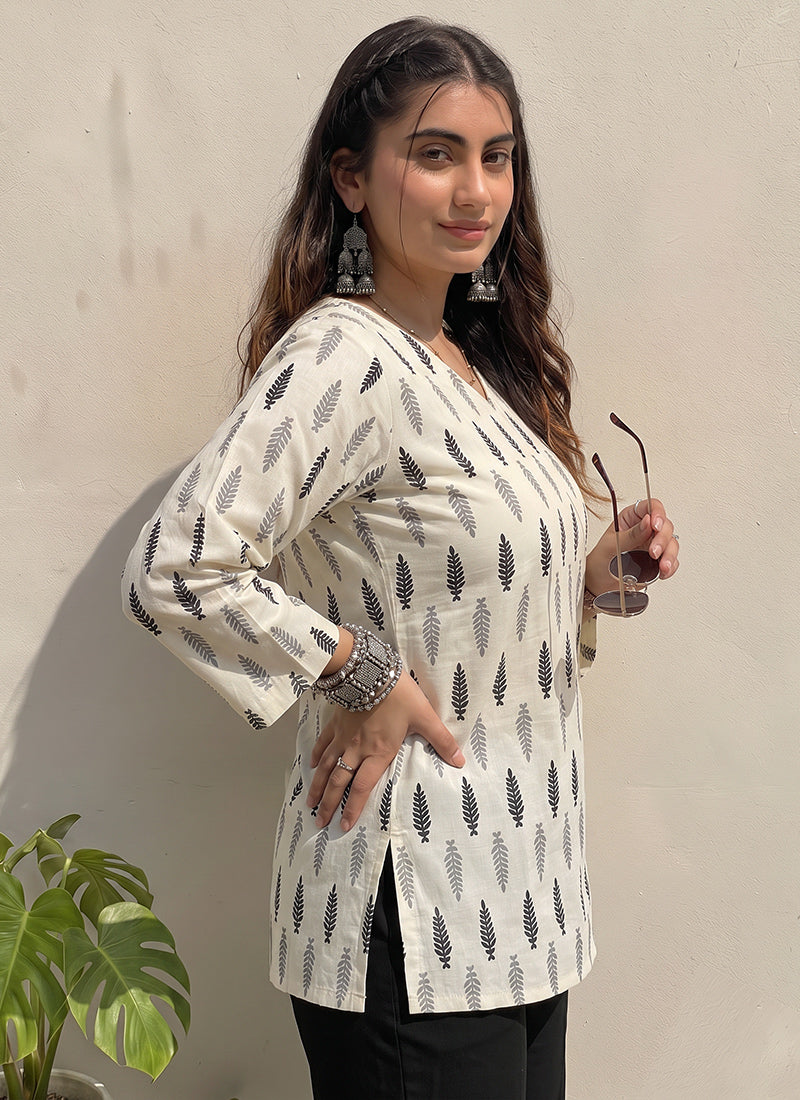 White And Black Cotton Printed Kurti