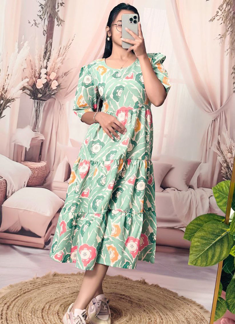 Mint Green Cotton Digital Printed Midi Dress