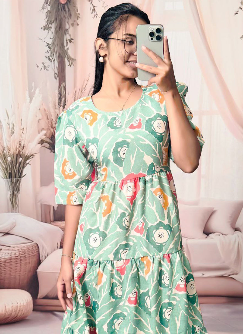 Mint Green Cotton Digital Printed Midi Dress