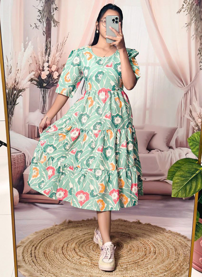 Mint Green Cotton Digital Printed Midi Dress