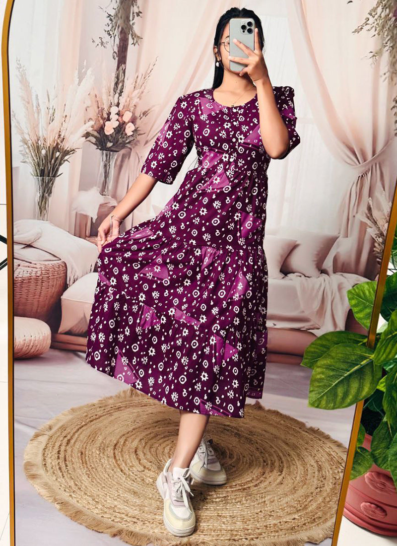 Purple Floral Printed Cotton Flare Midi Dress