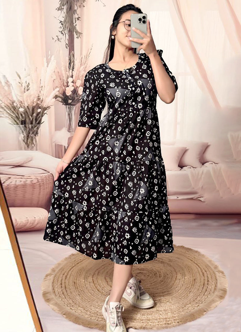 Black Cotton Floral Printed Flare Midi Dress