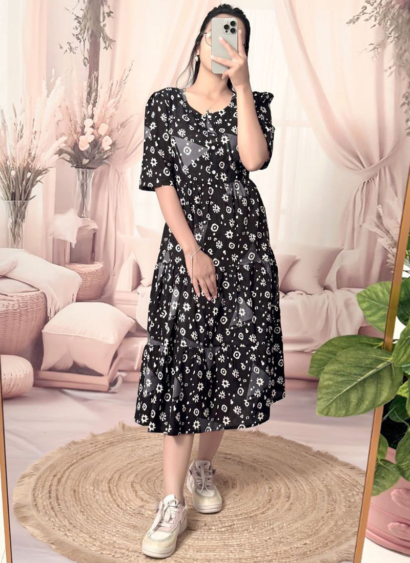 Black Cotton Floral Printed Flare Midi Dress