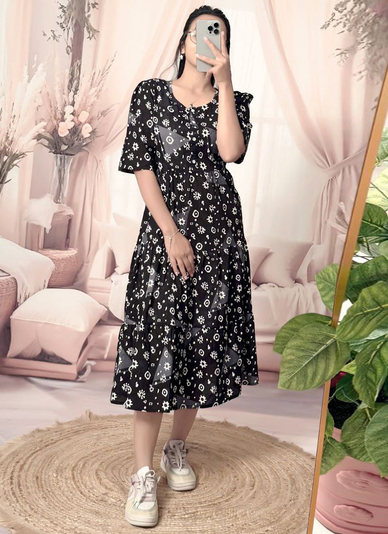 Black Cotton Floral Printed Flare Midi Dress