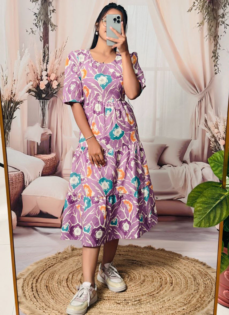 Lavender Digital Printed Cotton Midi Dress