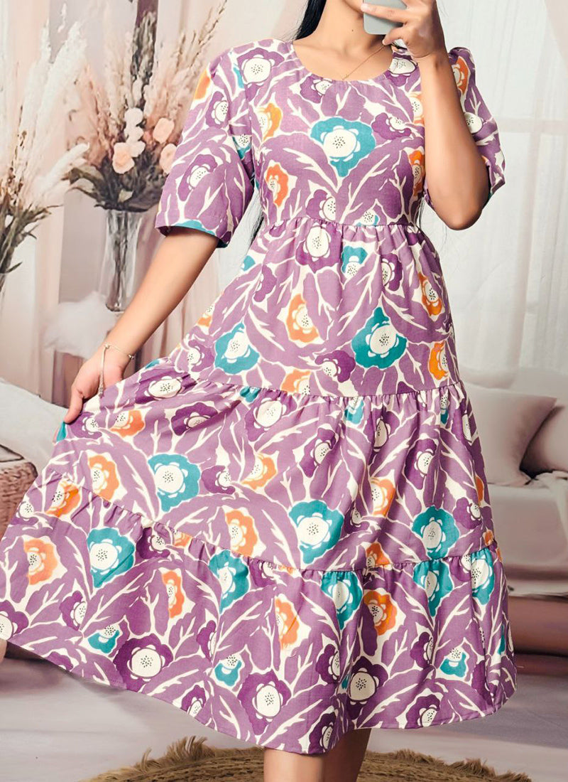 Lavender Digital Printed Cotton Midi Dress
