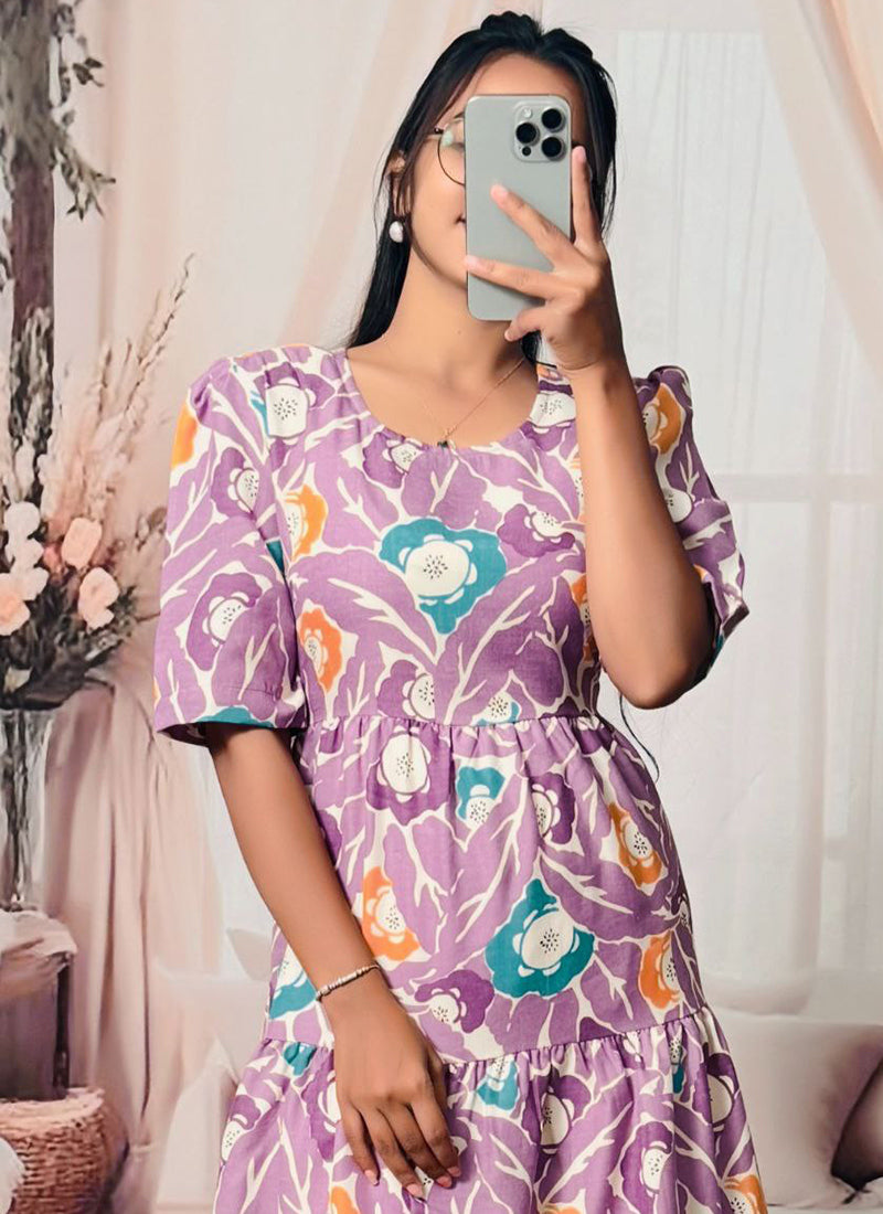 Lavender Digital Printed Cotton Midi Dress