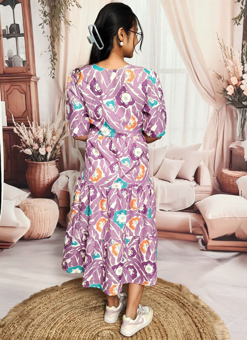 Lavender Digital Printed Cotton Midi Dress