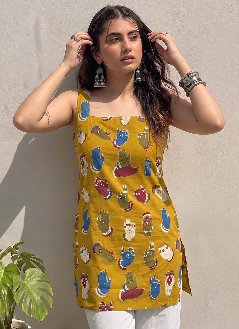 Mustard Cotton Printed Straight-Cut Kurti