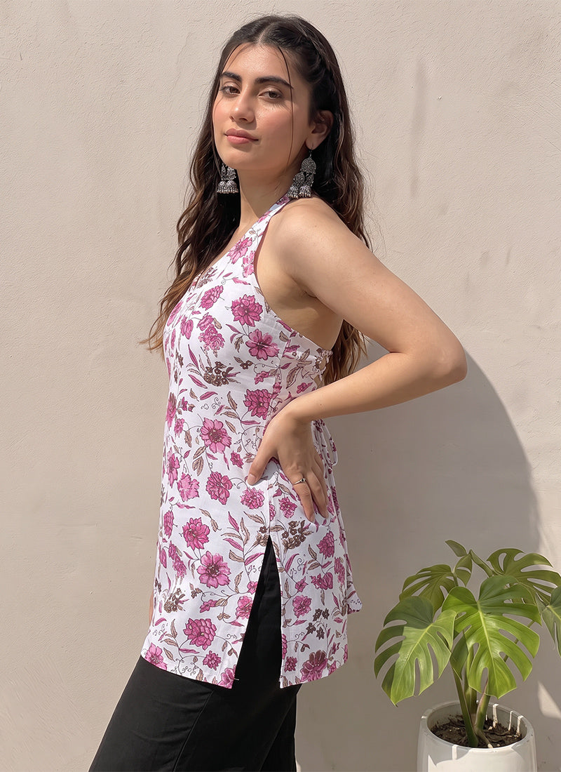 White Floral Printed Cotton Outwear Kurti