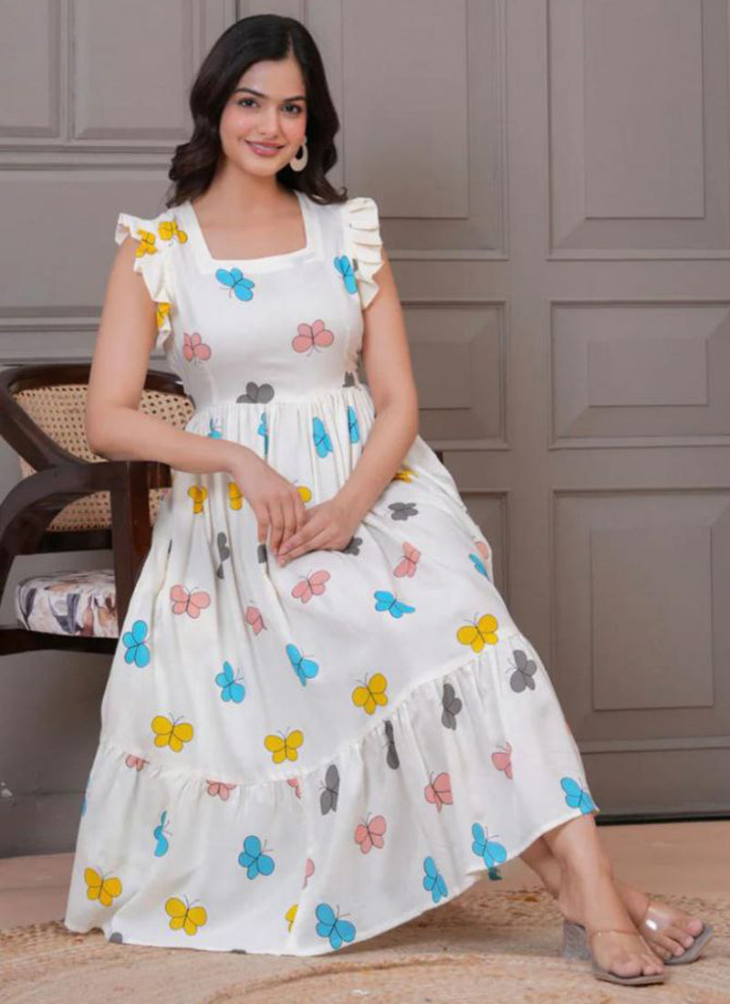 White Butterfly Printed Cotton Midi Dress