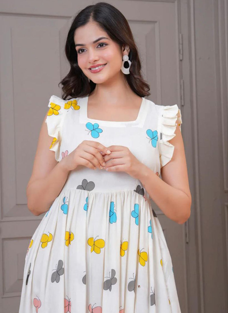 White Butterfly Printed Cotton Midi Dress