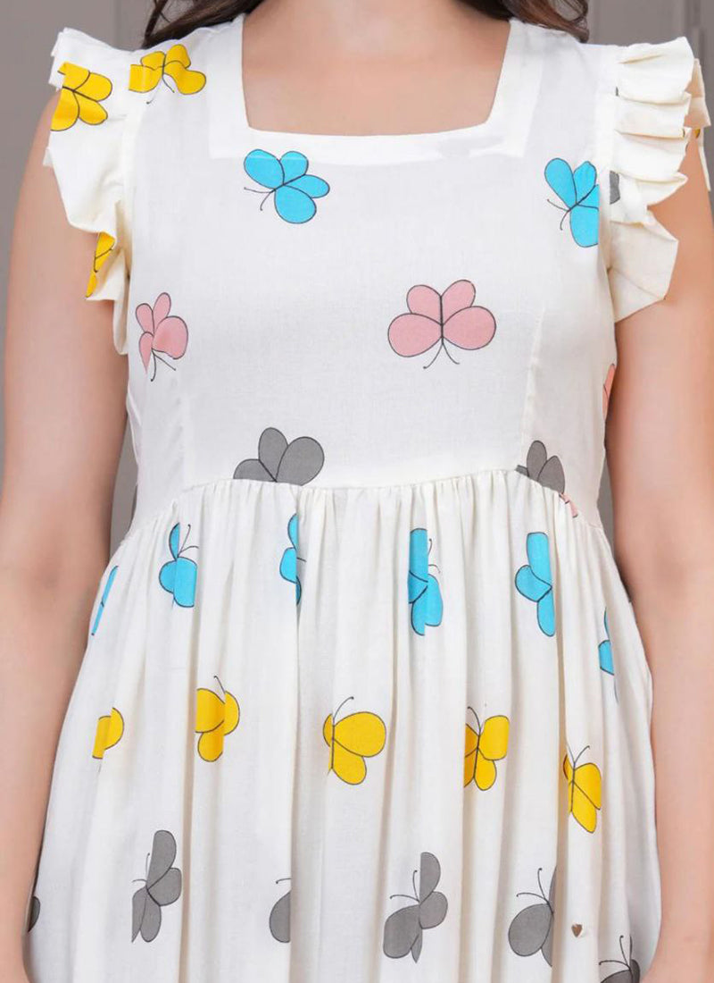 White Butterfly Printed Cotton Midi Dress