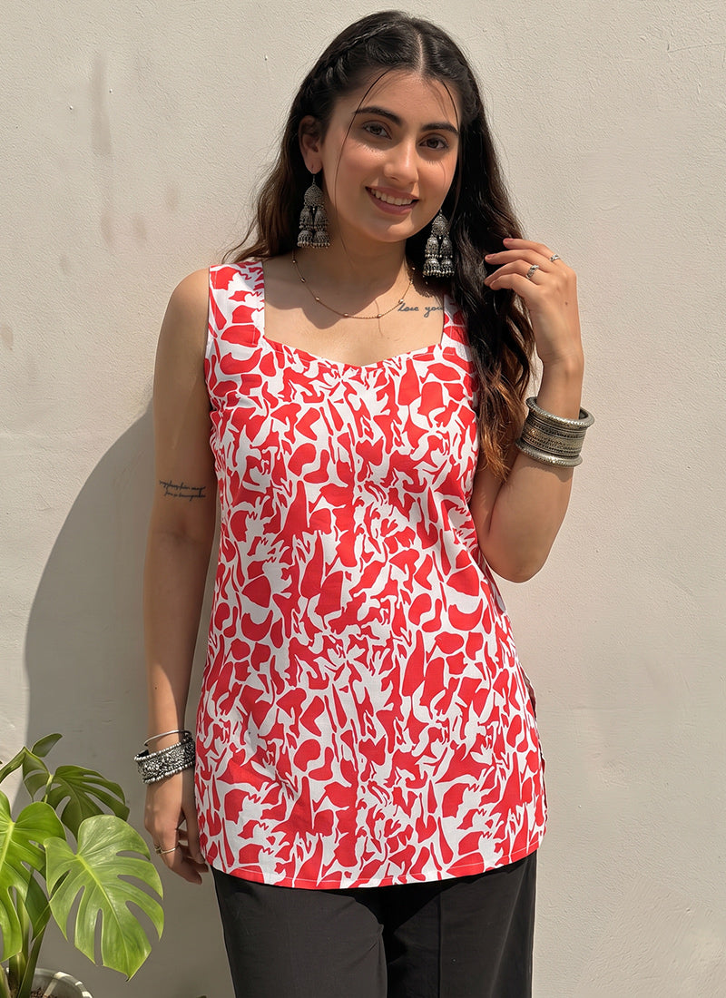 Red And White Printed Cotton Sleeveless Kurti