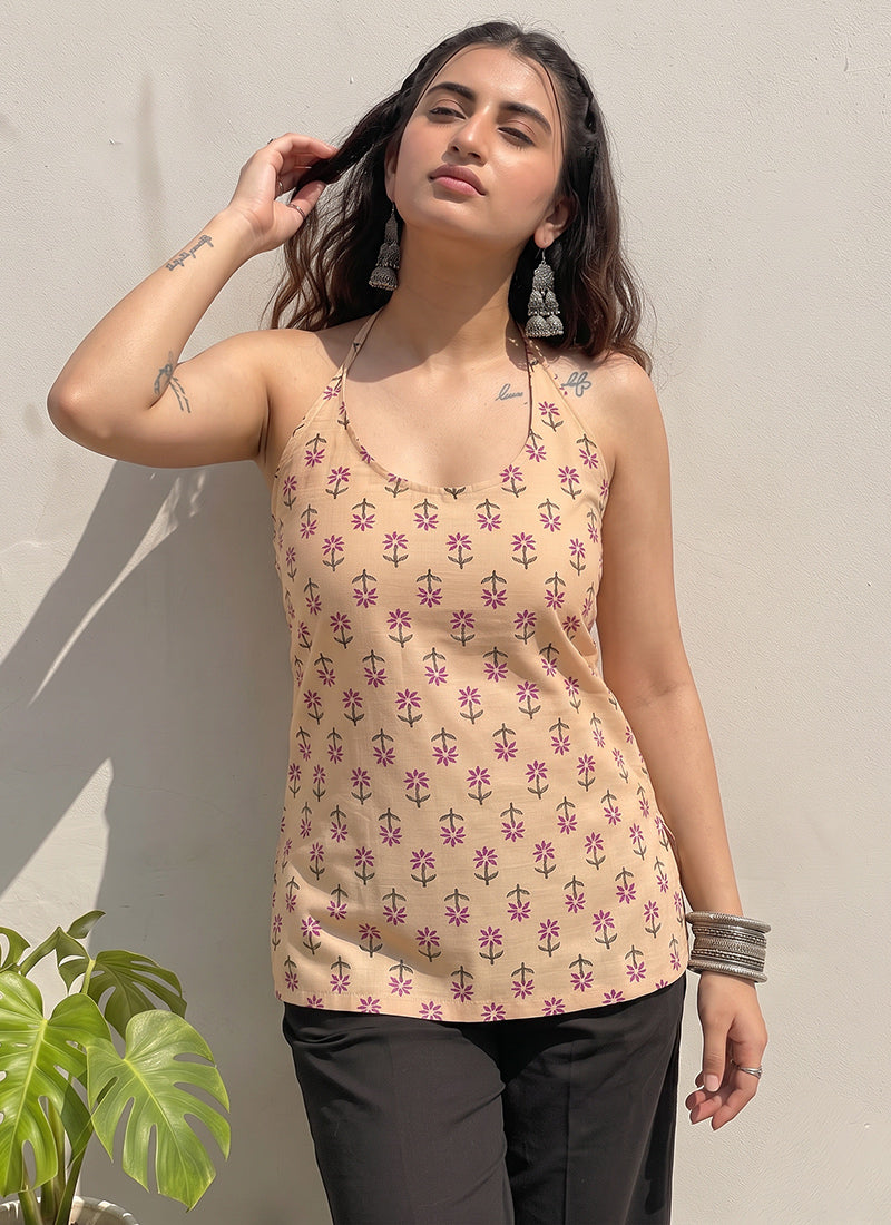 Peach Cotton Printed Sleeveless Kurti