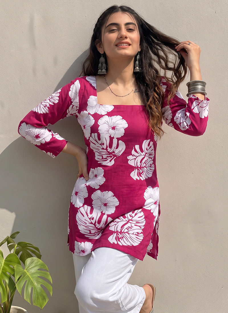 Pink Floral Printed Square Neck Cotton Kurti
