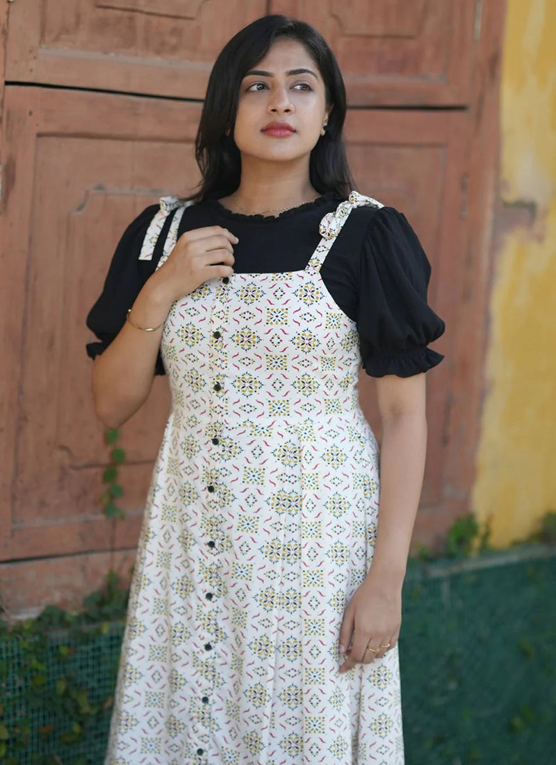 Cream Printed Two Piece Rayon Dungaree set