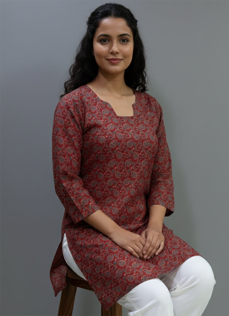 Maroon Digital Printed Muslin Casual Short Kurti