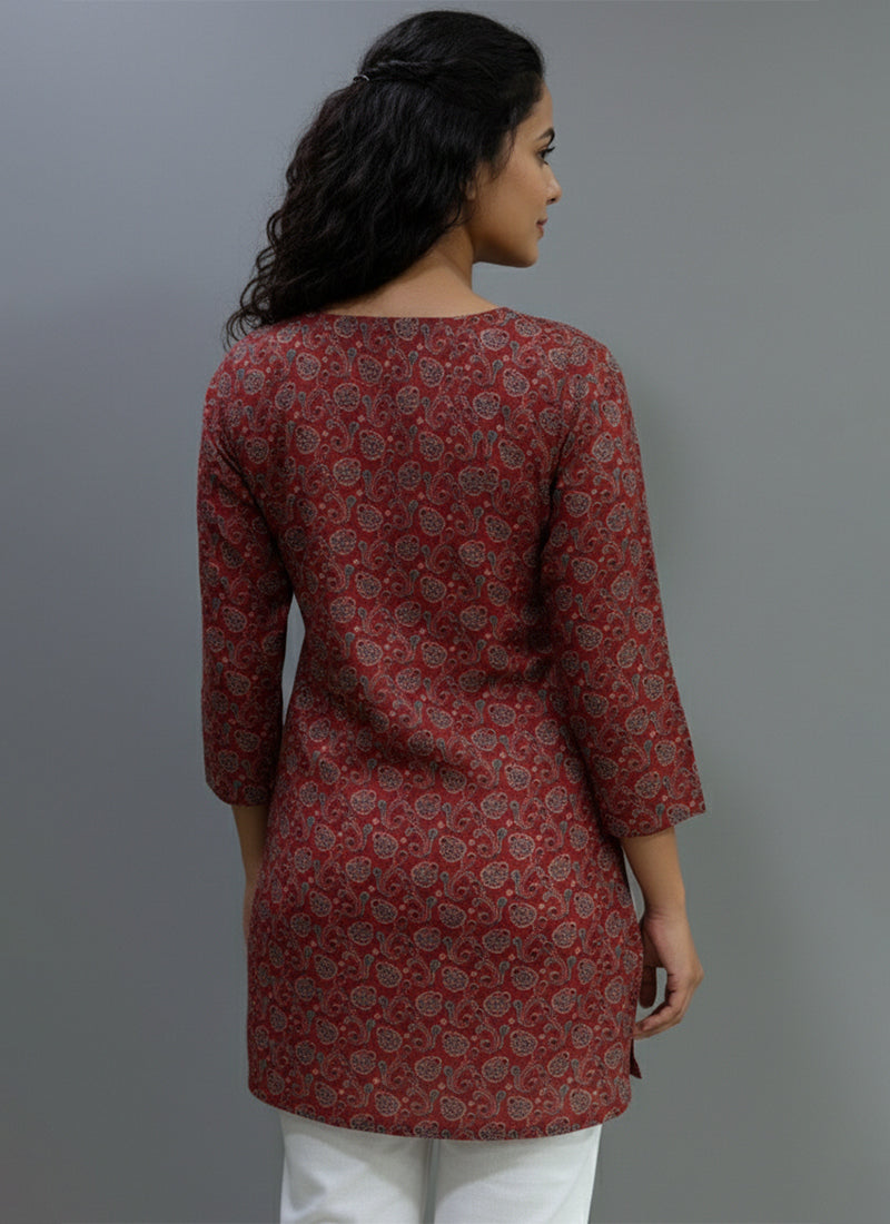Maroon Digital Printed Muslin Casual Short Kurti