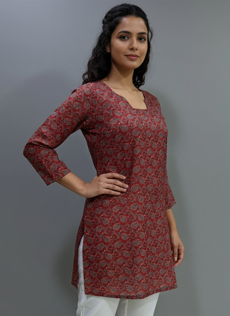 Maroon Digital Printed Muslin Casual Short Kurti