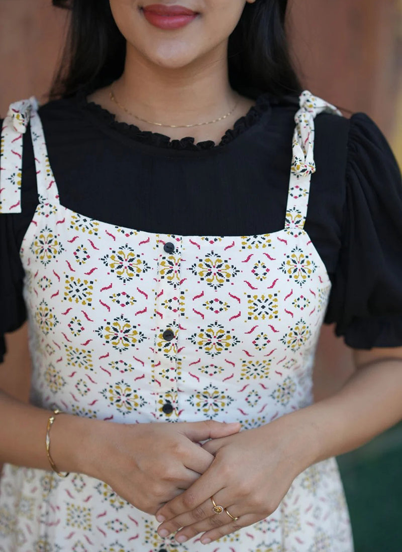 Cream Printed Two Piece Rayon Dungaree set