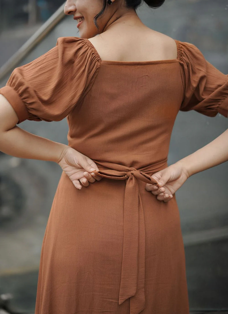 Brown Rayon Flary Party Wear Midi Dress