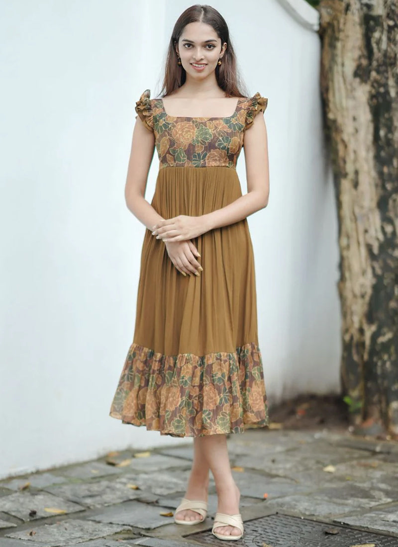Floral Printed Brown Rayon Tiered Midi Dress