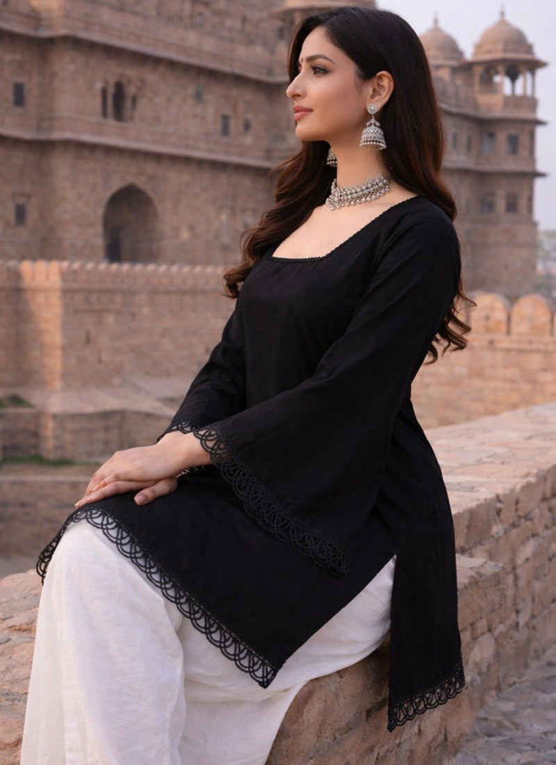 Black Square Neck Roman Silk Kurti
