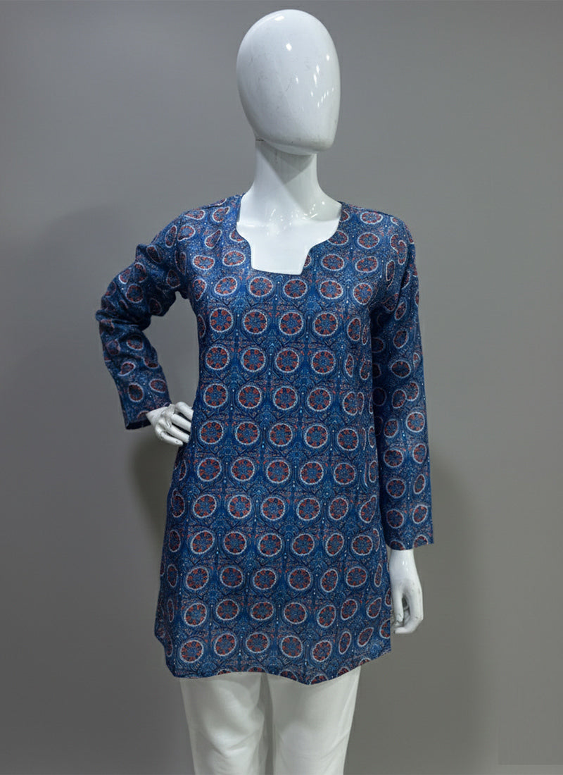 Indigo Blue Digital Printed Muslin Casual Short Kurti