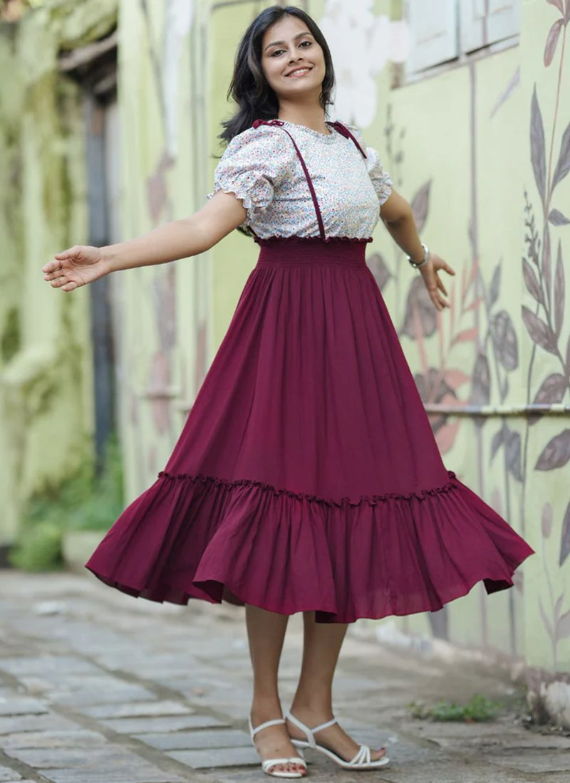Maroon And White Rayon Printed Outwear Midi Dress