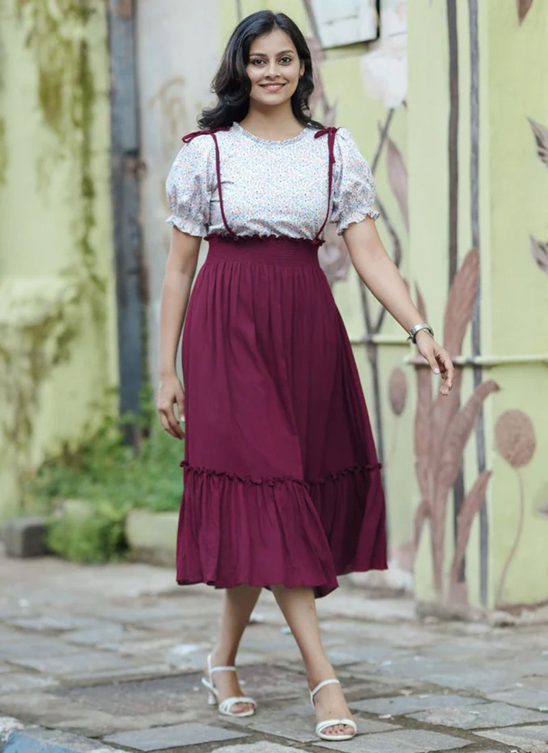 Maroon And White Rayon Printed Outwear Midi Dress
