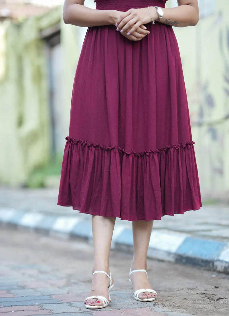 Maroon And White Rayon Printed Outwear Midi Dress