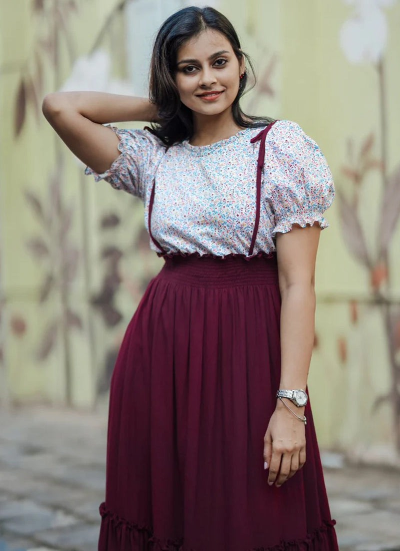 Maroon And White Rayon Printed Outwear Midi Dress