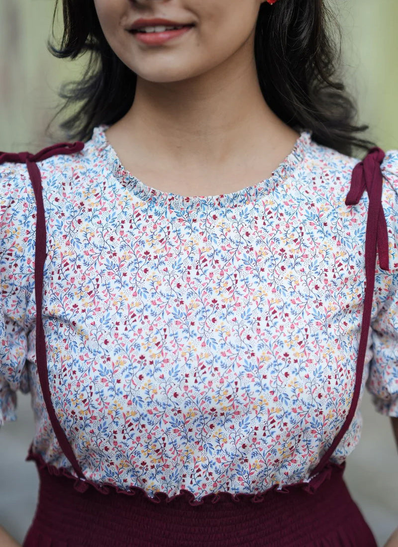 Maroon And White Rayon Printed Outwear Midi Dress