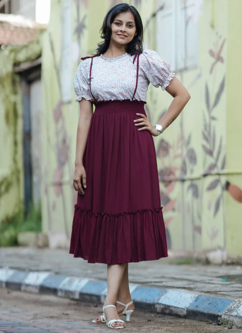 Maroon And White Rayon Printed Outwear Midi Dress Maroon And White Rayon Printed Outwear Midi Dress