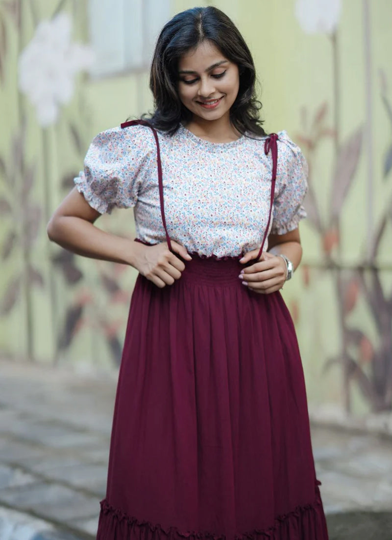 Maroon And White Rayon Printed Outwear Midi Dress