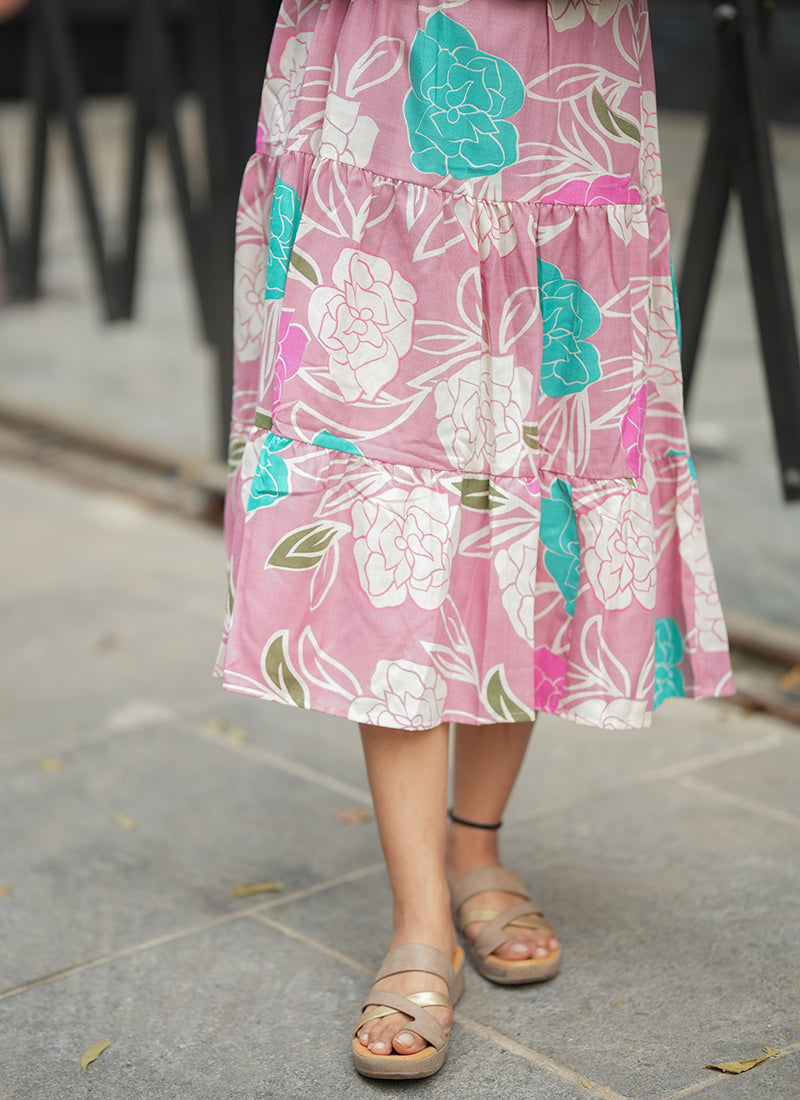 Candy Pink Cotton Floral Print Casual Midi Dress