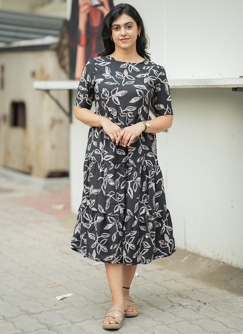 Black Leaf Printed Cotton Outwear Midi Dress