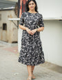 Black Leaf Printed Cotton Outwear Midi Dress