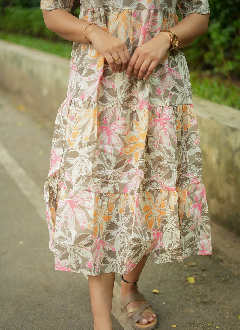 Off White Flower Printed Cotton Outwear Midi Dress