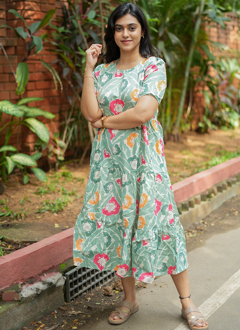 Mint Green Cotton Digital Printed Midi Dress