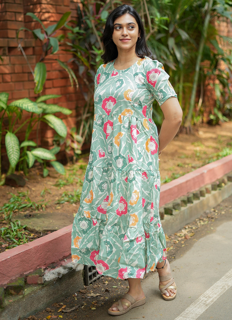 Mint Green Cotton Digital Printed Midi Dress